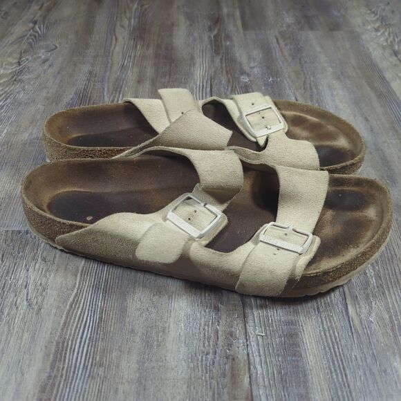 BIRKENSTOCK Arizona Tan Beige Birko-Flor Mens Slip On Sandals Size EU 45 US 12 - Picture 2 of 12